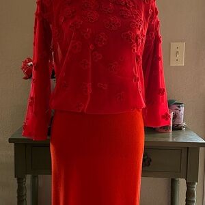 Red Floral Sheer Top and Skirt Set